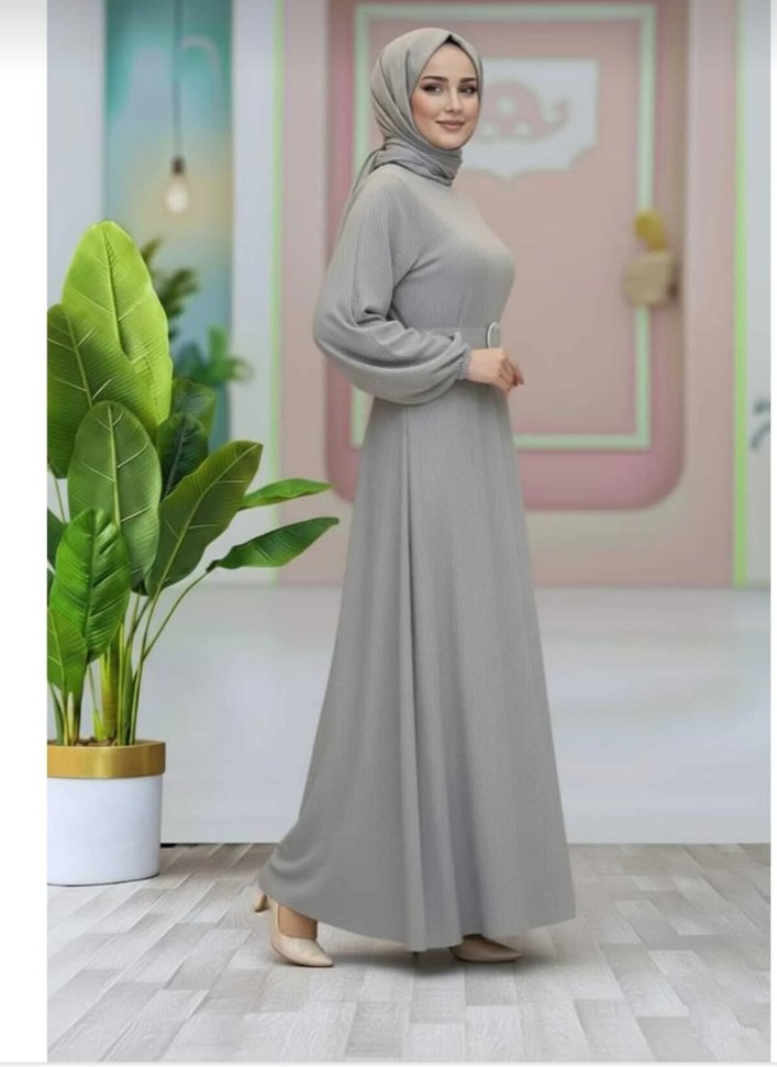 vizon gri renk kadın kemerli uzun elbise - Görsel 2