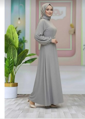 vizon gri renk kadın kemerli uzun elbise - Görsel 3