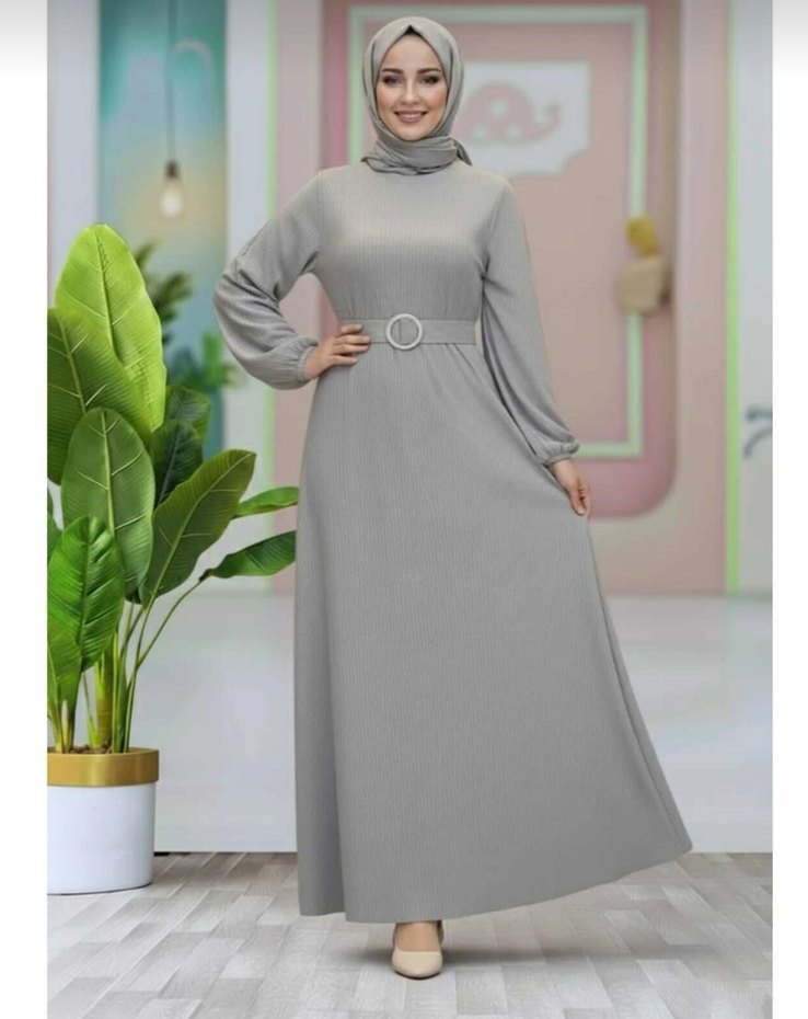 vizon gri renk kadın kemerli uzun elbise - Görsel 5