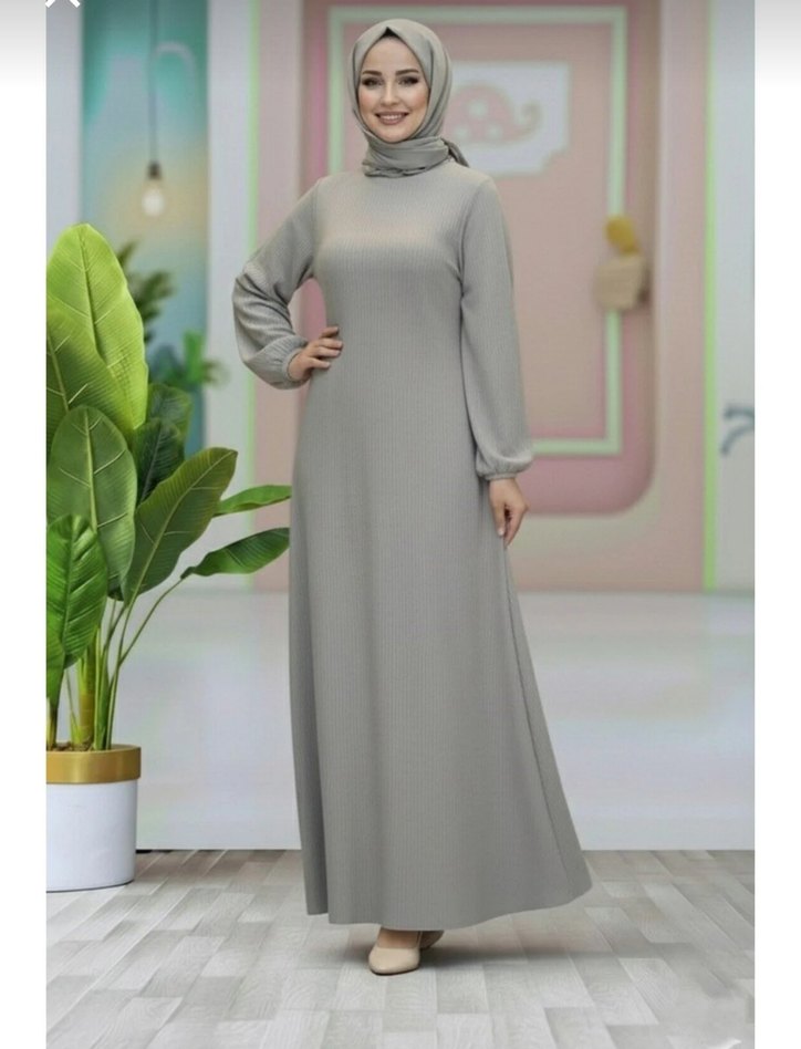 vizon gri renk kadın kemerli uzun elbise - Görsel 4