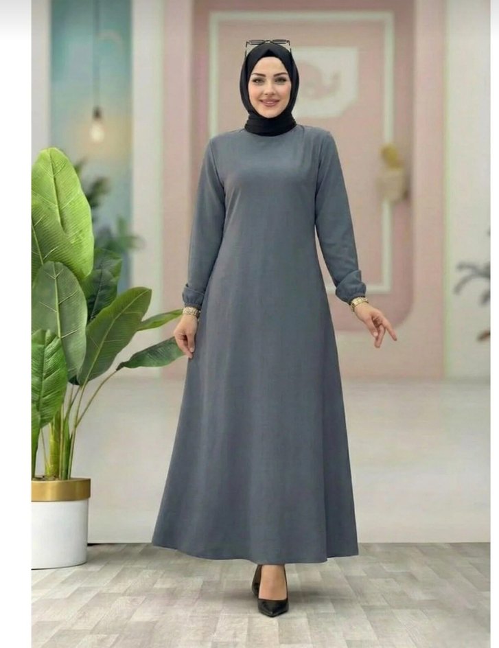 Gri renk kadın kemerli uzun elbise - Görsel 2