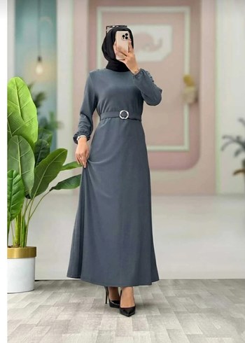 Gri renk kadın kemerli uzun elbise - Görsel 5