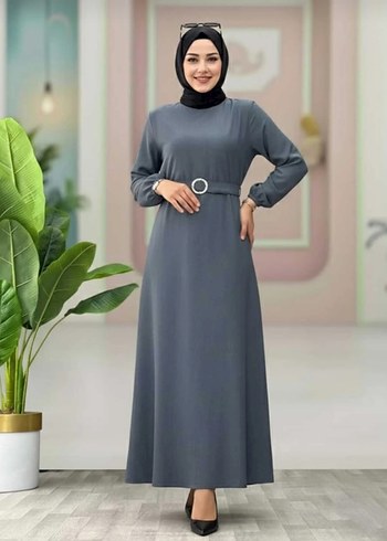 Gri renk kadın kemerli uzun elbise - Görsel 2