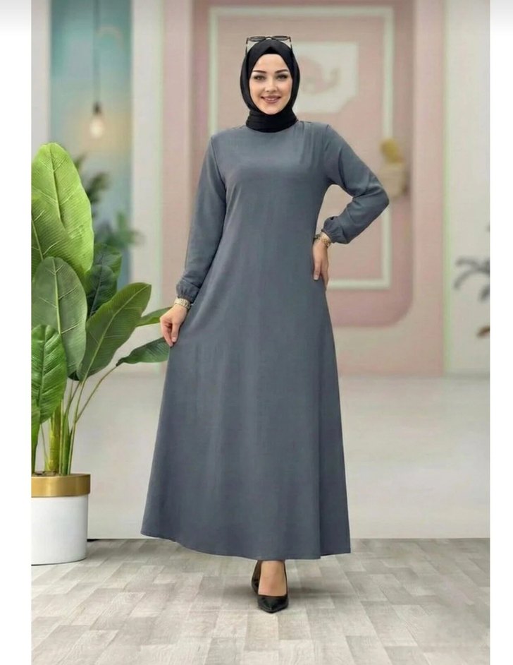 Gri renk kadın kemerli uzun elbise - Görsel 3