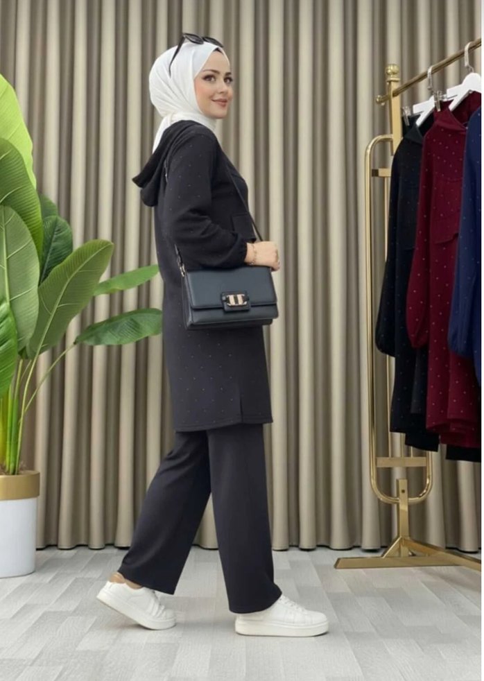 füme renk taşlı kapşonlu ikili takım - Görsel 2