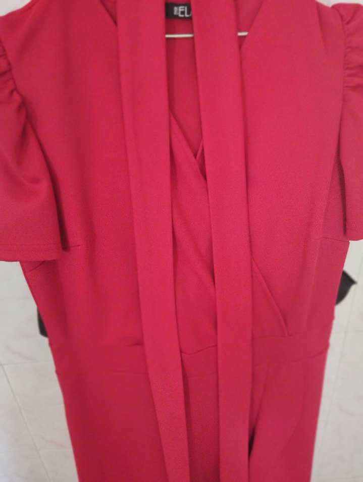 Kısa Kollu, Yüksek Yakalı Kırmızı Uzun Elbise - Görsel 5