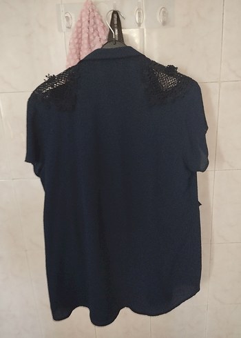 Diğer Dantel Detaylı Kısa Kollu Mavi Gömlek