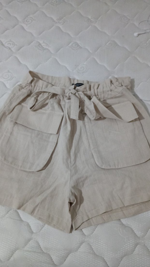 Bej Keten Kısa Kollu Düğmeli Kadın Gömlek ve şort tane fiyatı - Görsel 2