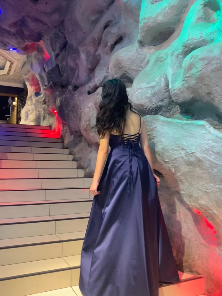 Lacivert Uzun Drapeli askılı Kadın Elbise - Görsel 2