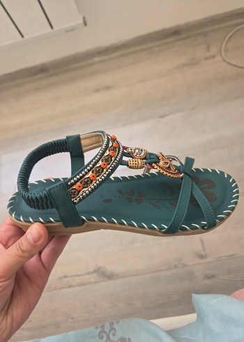 Diğer Turkuaz Elastik Bantlı Kadın Dolgu Topuk Sandalet