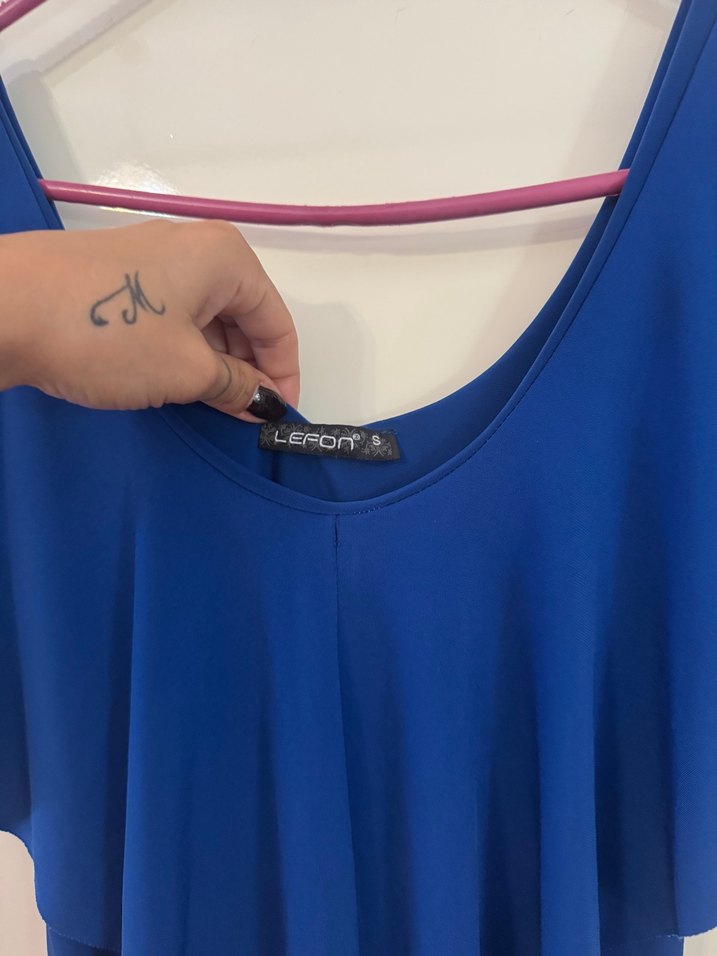 Kadın Mavi Omuzları Açık Fırfırlı Bluz - Görsel 4