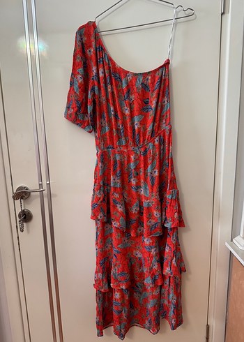 Kırmızı Drapeli Tek Omuz Bohem Uzun Elbise - Görsel 5