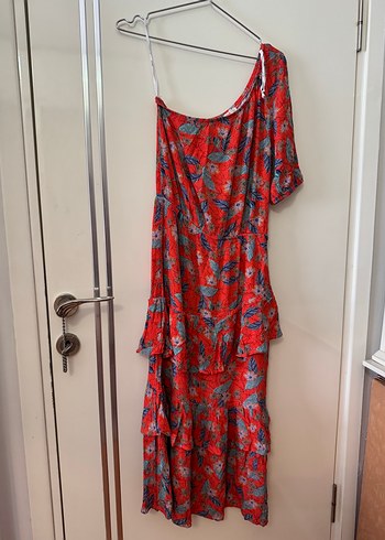 Kırmızı Drapeli Tek Omuz Bohem Uzun Elbise - Görsel 3