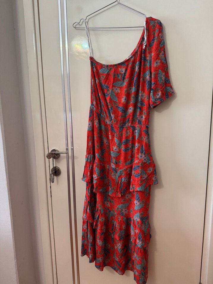 Kırmızı Drapeli Tek Omuz Bohem Uzun Elbise - Görsel 2