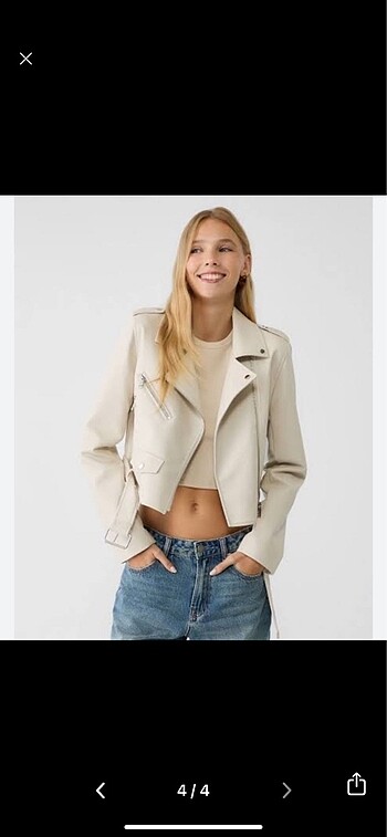 Stradivarius kemerli suni deri biker ceket ekru - Görsel 3