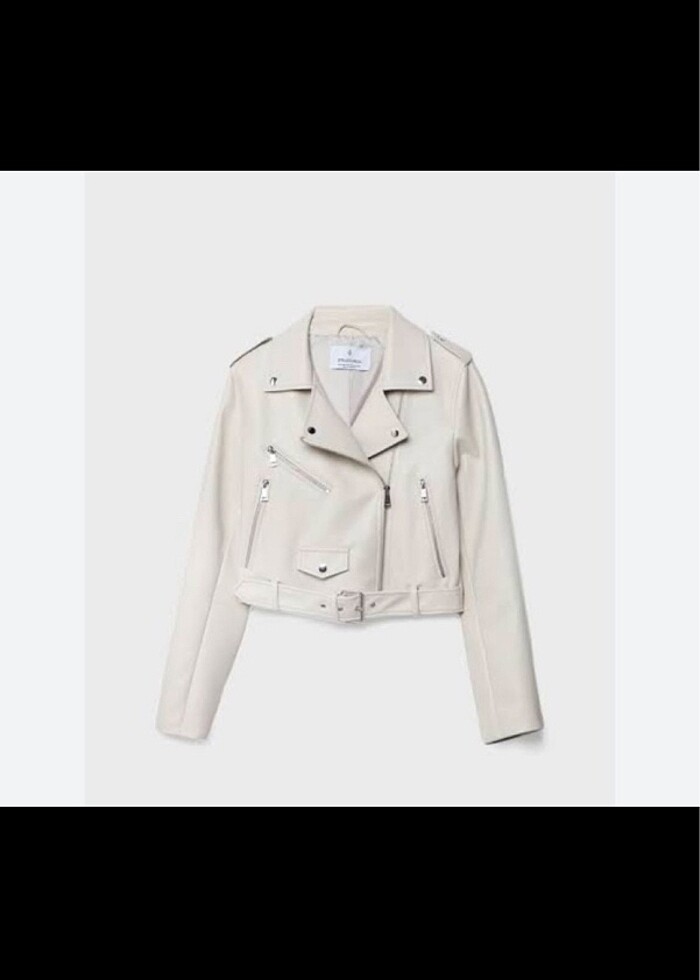 Stradivarius kemerli suni deri biker ceket ekru - Görsel 4
