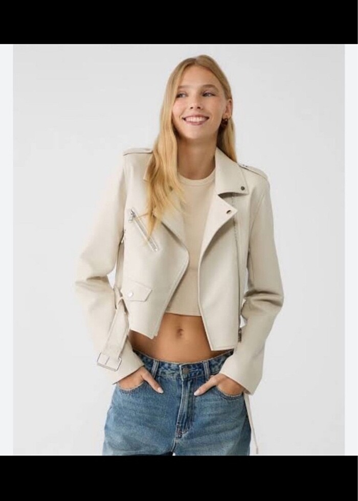 Stradivarius kemerli suni deri biker ceket ekru - Görsel 3