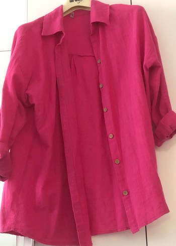 Pembe Keten Düğmeli Kadın Gömlek