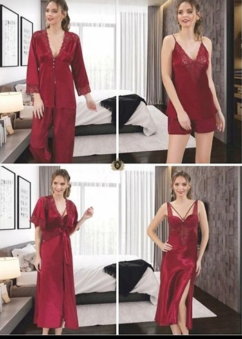 Bordo İşlemeli Uzun Kadın Pijama Takımı