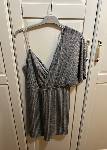 Drapeli Gri Midi Kokteyl Elbisesi - Görsel 3