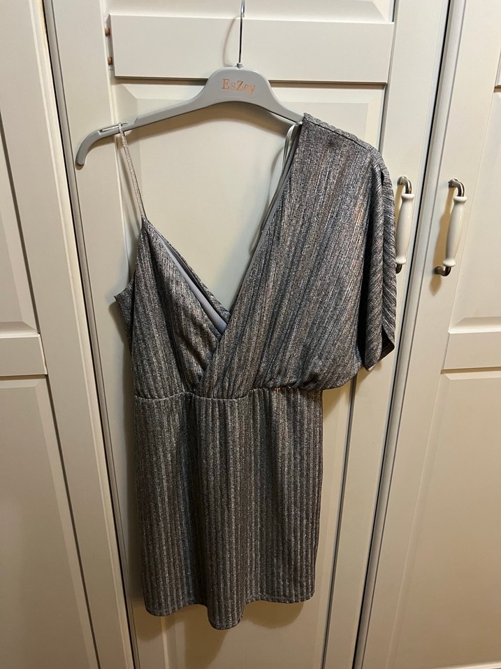 Drapeli Gri Midi Kokteyl Elbisesi - Görsel 3