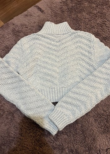 Bebe Mavisi Yüksek Yakalı Örgü Kadın Kazak - Görsel 4