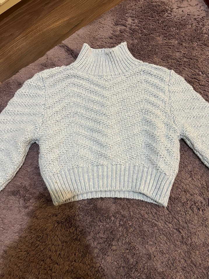 Bebe Mavisi Yüksek Yakalı Örgü Kadın Kazak - Görsel 2