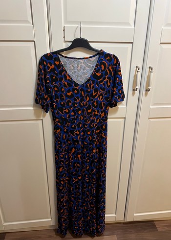 v yaka desenli kısa kol bohem uzun elbise - Görsel 2