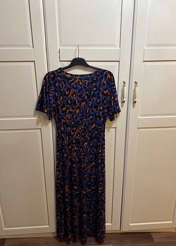 v yaka desenli kısa kol bohem uzun elbise - Görsel 3