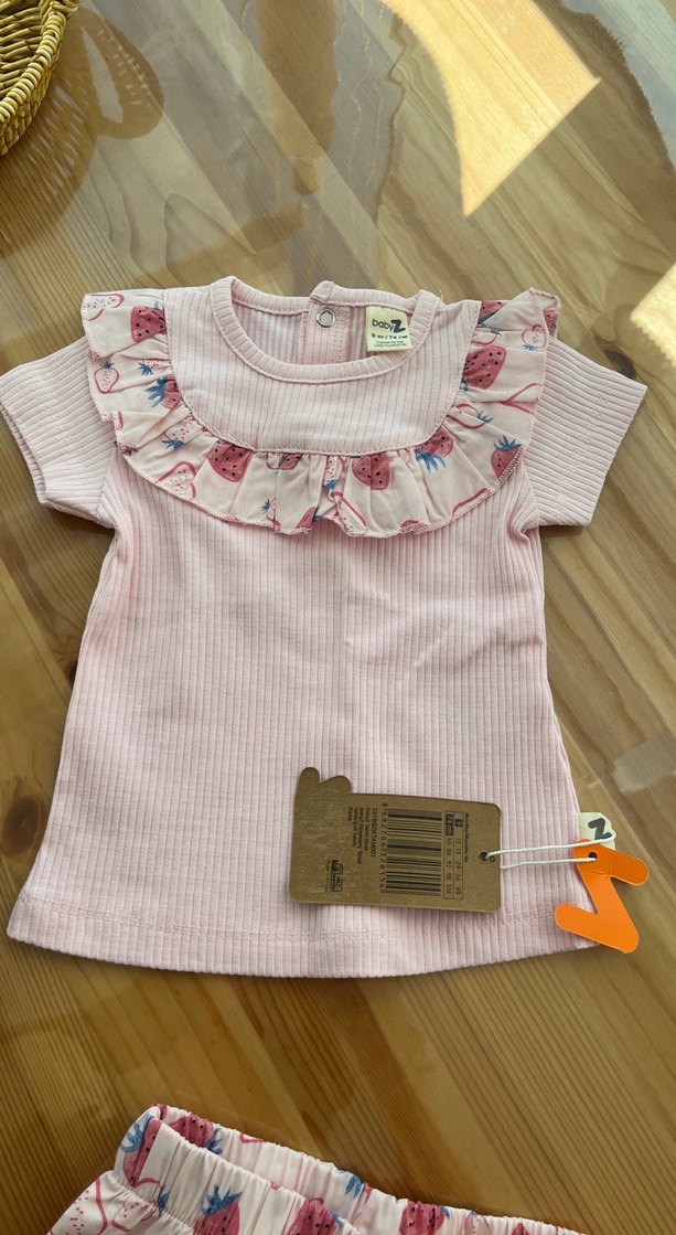 Pembe Çilek Desenli Kısa Kollu Kız Bebek Takımı - Görsel 3