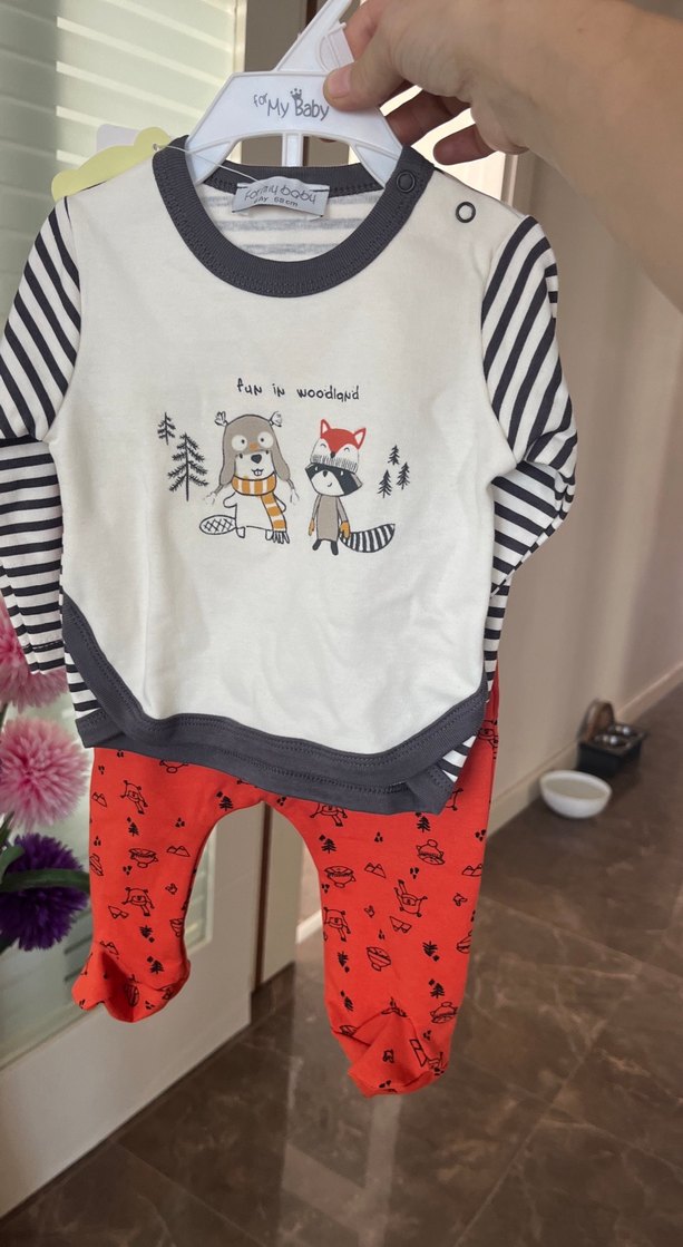 Çizgili Kollu Gri ve Beyaz Erkek Bebek Takımı - Görsel 3