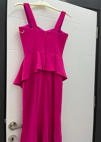 Pembe Uzun Askılı Fırfırlı Abiye Elbise - Görsel 3