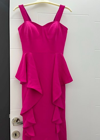 Pembe Uzun Askılı Fırfırlı Abiye Elbise - Görsel 2