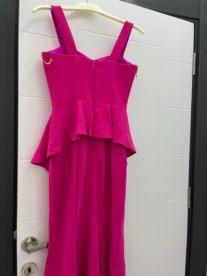 Pembe Uzun Askılı Fırfırlı Abiye Elbise - Görsel 3