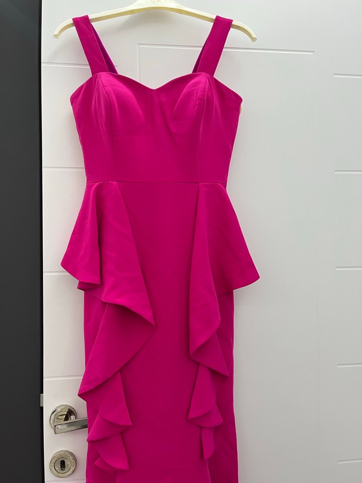 Pembe Uzun Askılı Fırfırlı Abiye Elbise - Görsel 2