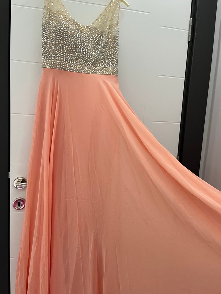 Payetli V Yaka Uzun Pembe Abiye Elbise - Görsel 3