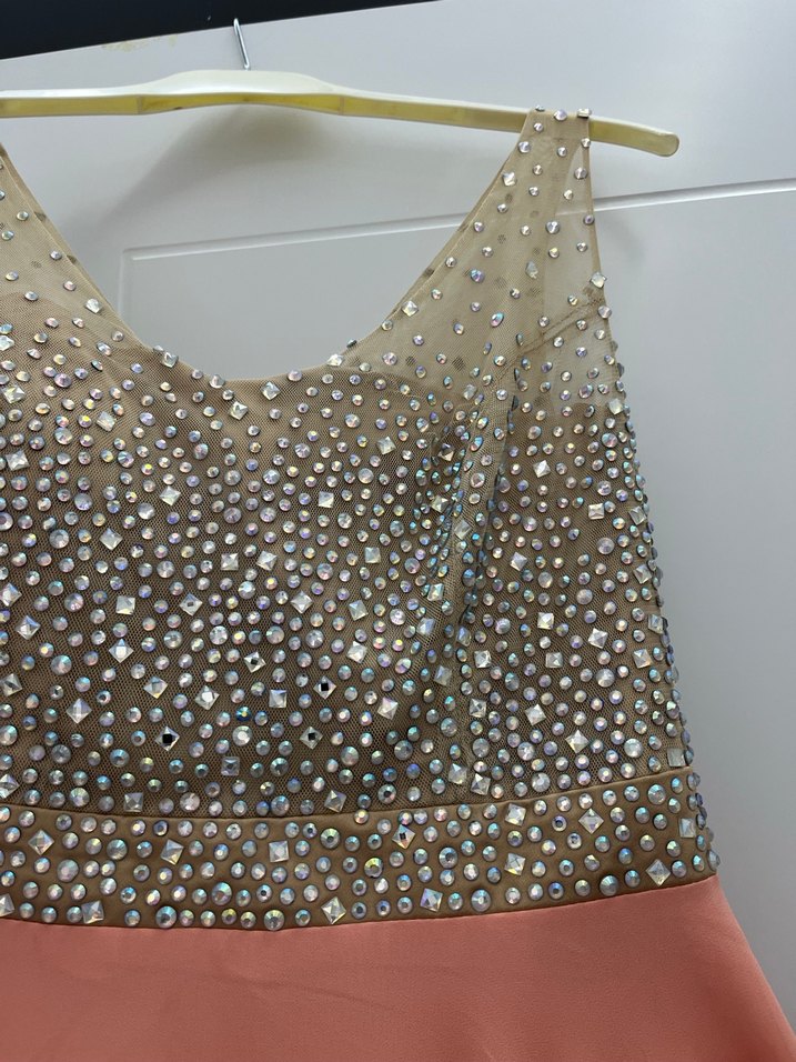 Payetli V Yaka Uzun Pembe Abiye Elbise - Görsel 2