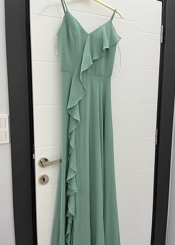 Yeşil V Yaka Uzun Abiye Elbise - Görsel 2