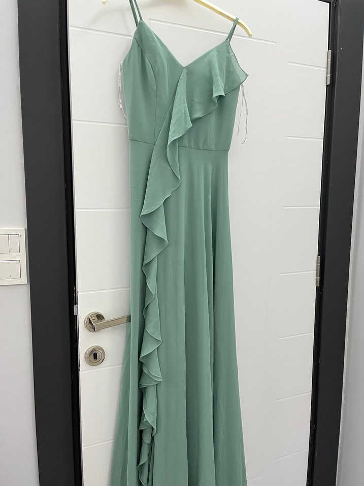 Yeşil V Yaka Uzun Abiye Elbise - Görsel 2