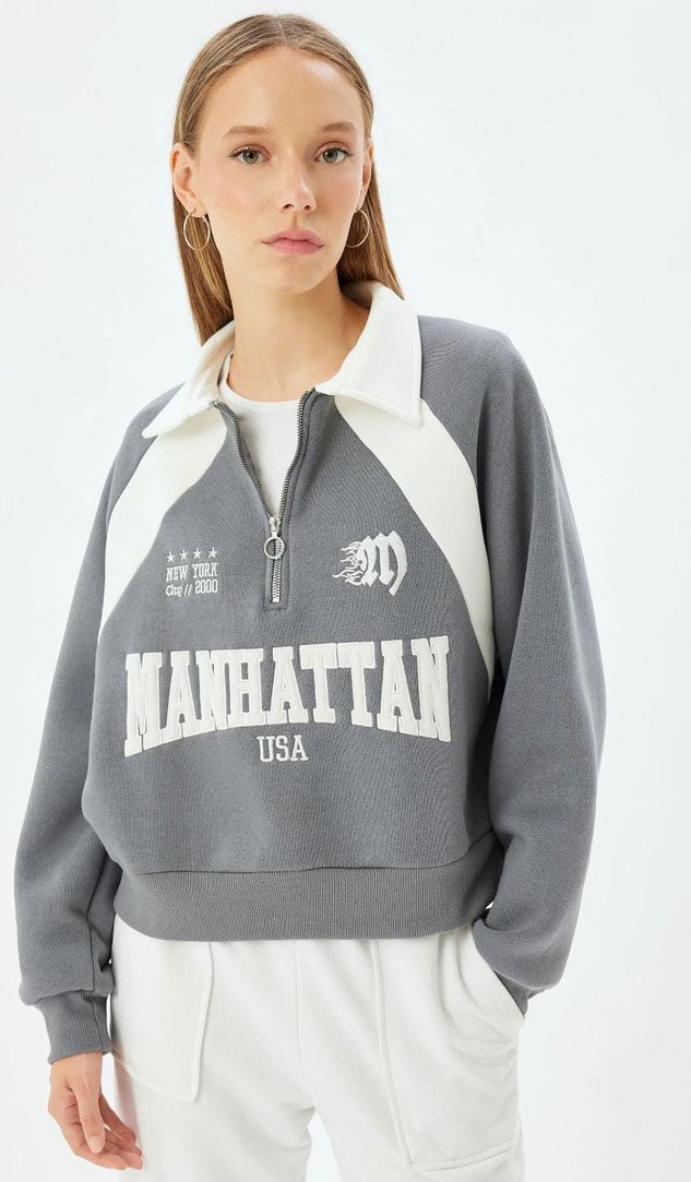 Gri Yarım Fermuarlı Yüksek Yaka Sweatshirt - Görsel 3