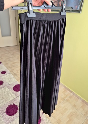 Siyah Pilili Kadife Süet Uzun Etek - Görsel 14