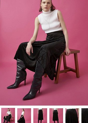 Siyah Pilili Kadife Süet Uzun Etek - Görsel 2