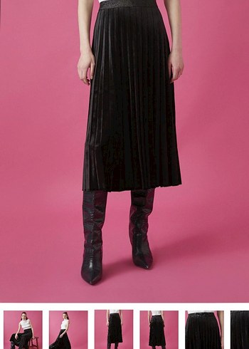 Siyah Pilili Kadife Süet Uzun Etek - Görsel 3