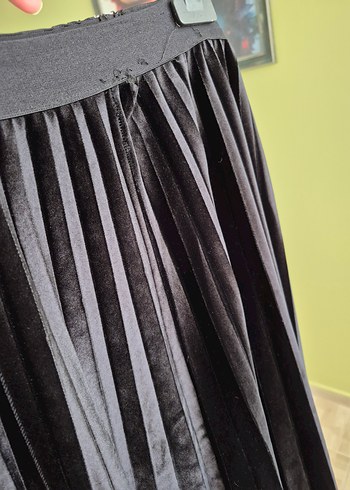 Siyah Pilili Kadife Süet Uzun Etek - Görsel 13