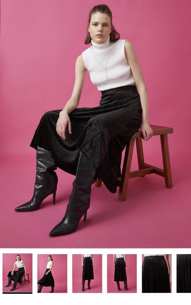 Siyah Pilili Kadife Süet Uzun Etek - Görsel 2