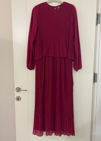 Mürdüm şifon Piliseli Uzun Kollu Kadın Elbise - Görsel 2