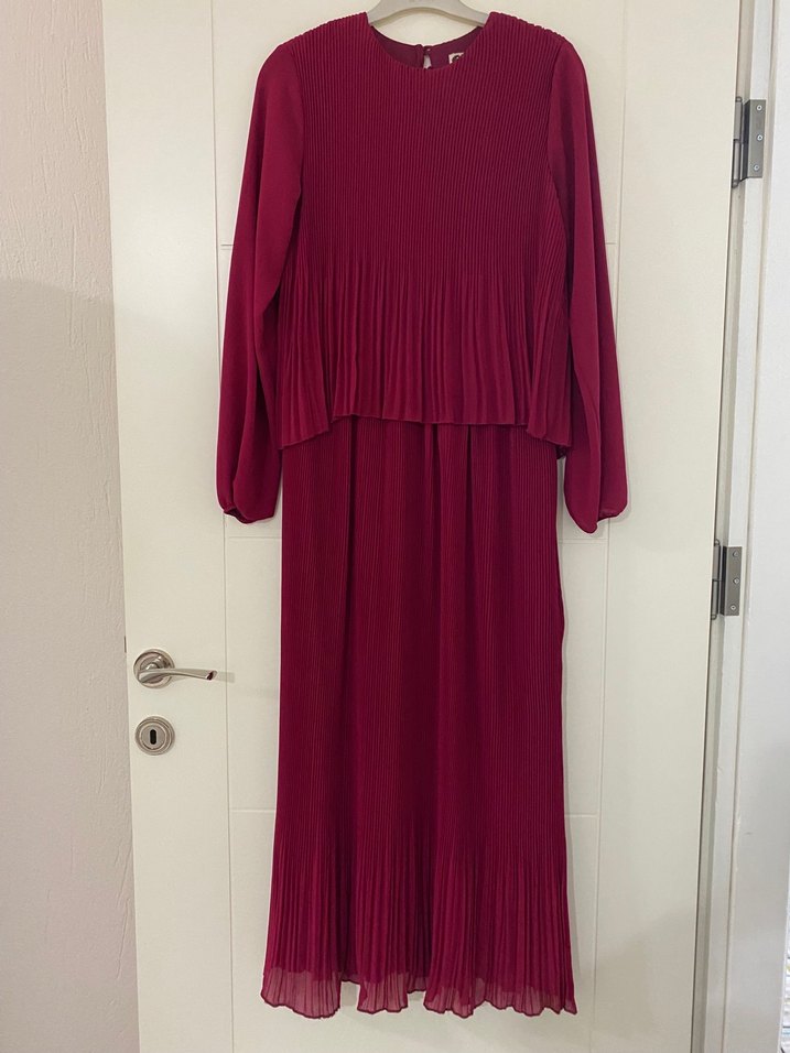 Mürdüm şifon Piliseli Uzun Kollu Kadın Elbise - Görsel 2