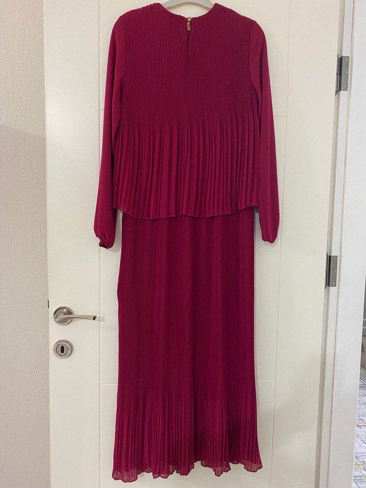 Mürdüm şifon Piliseli Uzun Kollu Kadın Elbise - Görsel 3