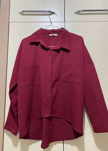 Bordo Düğmeli Salaş Kadın Gömlek - Görsel 4