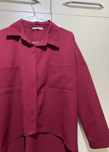 Bordo Düğmeli Salaş Kadın Gömlek - Görsel 2